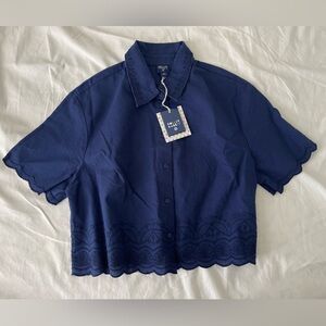 Roller Rabbit x Target Navy Blue Embroidered Scallop Hem Button-Up Top size M